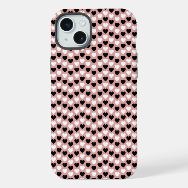 Retro Hearts Pink Black & White iPhone 15 Plus Hülle (Rückseite)