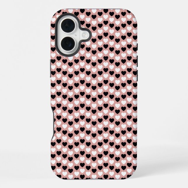 Retro Hearts Pink Black & White iPhone 16 Plus Hülle (Rückseite)