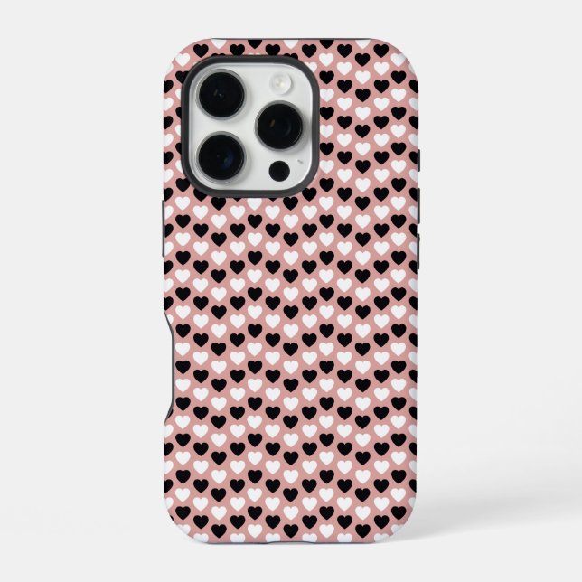 Retro Hearts Pink Black & White iPhone 16 Pro Hülle (Rückseite)