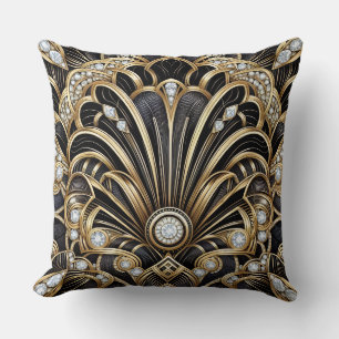 Retro-Heimtextilien   Schwarz-goldener Art Deco Kissen