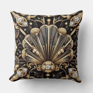 Retro-Heimtextilien   Schwarz-goldener Art Deco Kissen