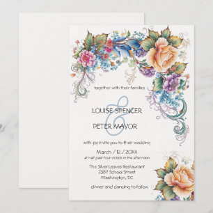 Retro, hellblau und pfirsichfarbene Blume Hochzeit Einladung