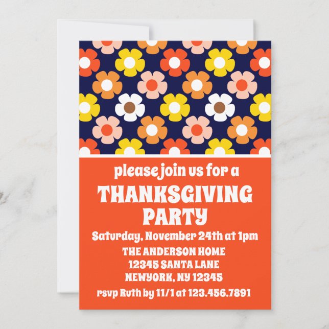 Retro Herbst Blume Blaues Erntedank Party Einladung (Vorderseite)
