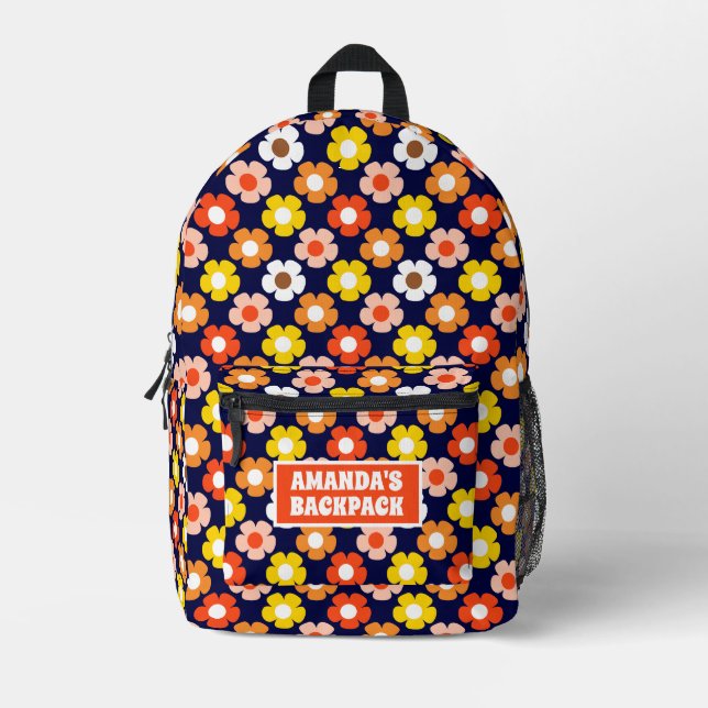 Retro Herbst Blume Muster Blau Bedruckter Rucksack (Vorderseite)