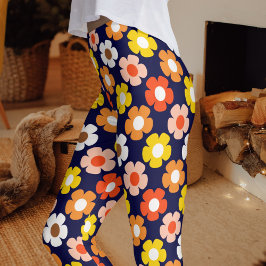 Retro Herbst Blume Muster Blau Leggings