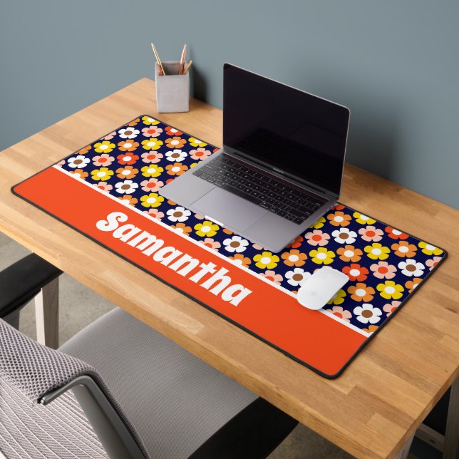 Retro Herbst Blume Muster Blau Schreibtischunterlage (Büro 2)