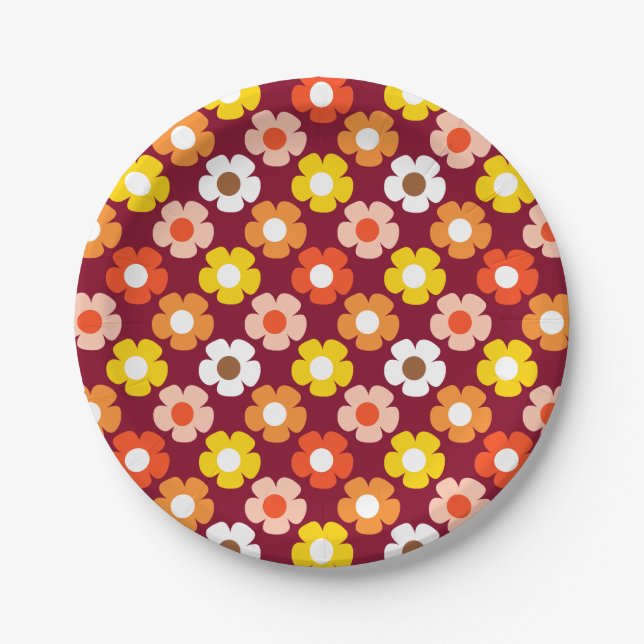 Retro Herbst Blume Muster Burgund Pappteller (Vorderseite)