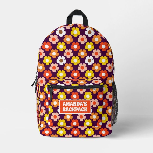 Retro Herbst Blume Muster Lila Bedruckter Rucksack (Vorderseite)