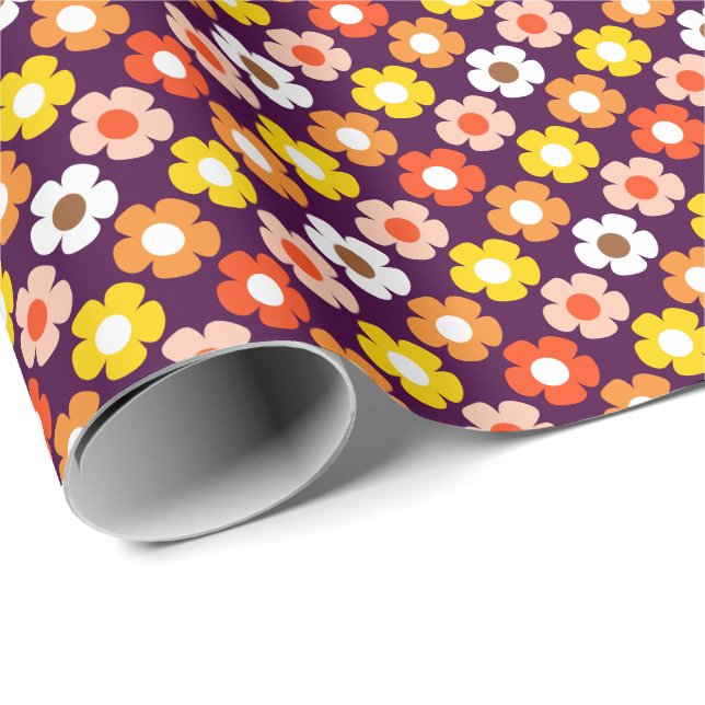 Retro Herbst Blume Muster Lila Geschenkpapier (Rolleneckpunkt)
