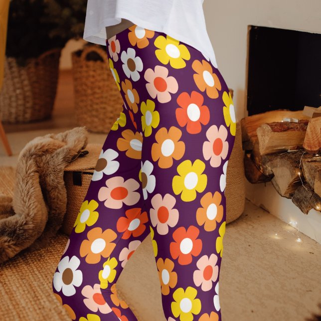 Retro Herbst Blume Muster Lila Leggings (Von Creator hochgeladen)