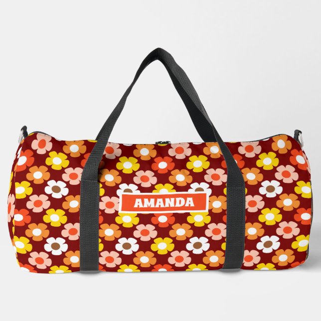 Retro Herbst Blume Muster Rot Duffle Bag (Vorderseite)