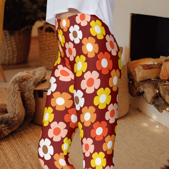 Retro Herbst Blume Muster Rot Leggings (Von Creator hochgeladen)