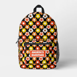 Retro Herbst Blume Muster Schwarz Bedruckter Rucksack
