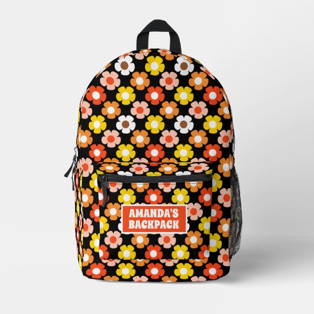 Retro Herbst Blume Muster Schwarz Bedruckter Rucksack (Vorderseite)