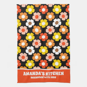 Retro Herbst Blume Muster Schwarz Geschirrtuch