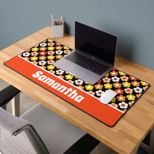 Retro Herbst Blume Muster Schwarz Schreibtischunterlage (Büro 2)