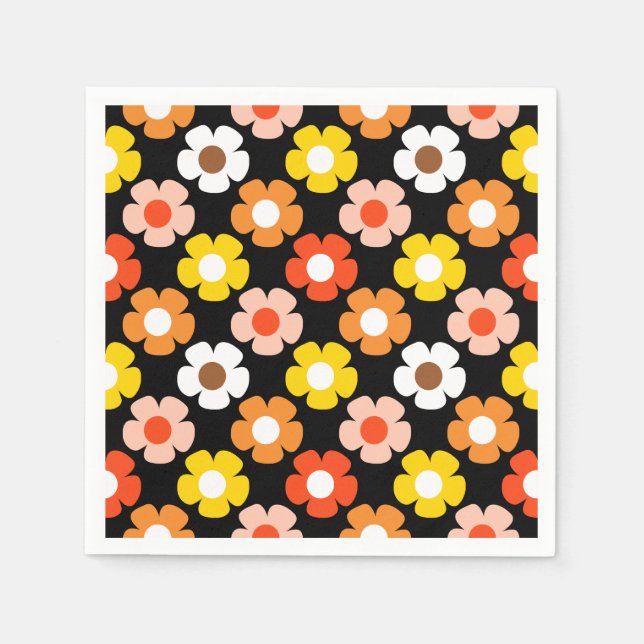 Retro Herbst Blume Muster Schwarz Serviette (Vorderseite)