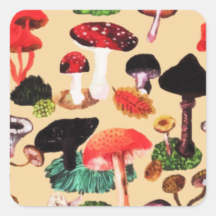 Retro-Herbst-Wald-Pilz-Aquarell Quadratischer Aufkleber
