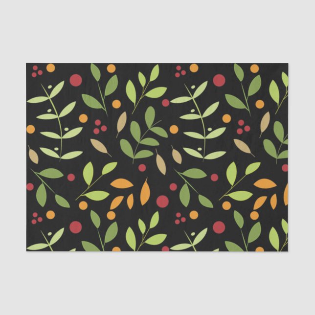 Retro-Herbstlaube und Berries Botanischer Schwarz Seidenpapier (Vorderseite)