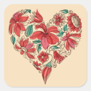 Retro Herz des Blumen-Liebesymbols Quadratischer Aufkleber