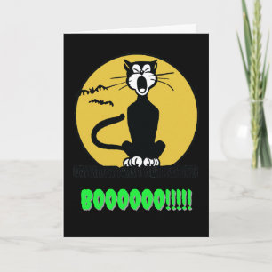 Retro heulende Halloween-Katze und Mond Karte