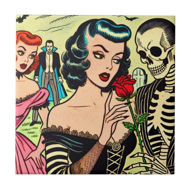 Retro Hexe Vampire Girl Horror Comic Fliese (Vorderseite)
