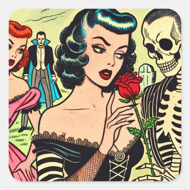 Retro Hexe Vampire Girl Horror Comic Quadratischer Aufkleber (Vorderseite)