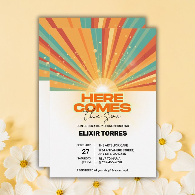 Retro hier kommt die Son Baby Dusche Einladung (Von Creator hochgeladen)