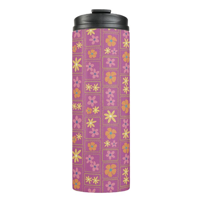 Retro Himbeer-Patchwork-Blumenmuster Thermosbecher (Vorderseite)