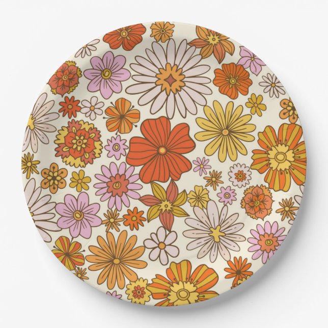 Retro Hippie 70er Blumenmuster Party Pappteller (Vorderseite)
