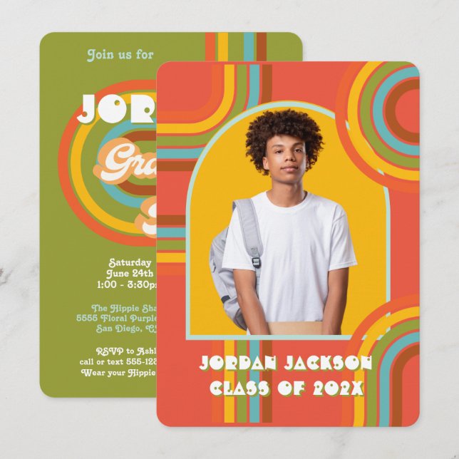 Retro Hippie 70's 60er Abschluss Foto Einladung (Vorne/Hinten)