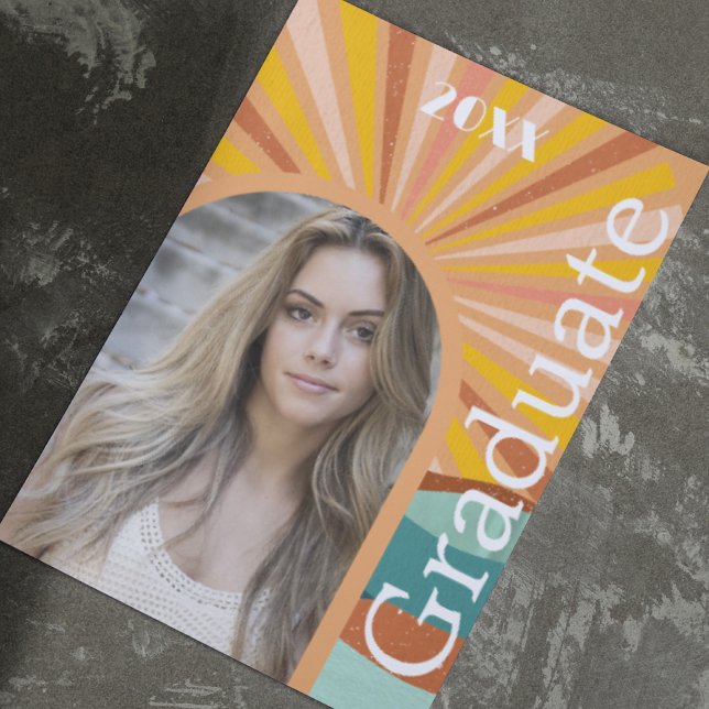 Retro Hippie Arch Foto 70er Peach Abschluss Einladung (Von Creator hochgeladen)