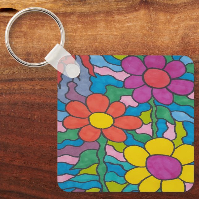 Retro Hippie Blume Art Schlüsselanhänger (Vorderseite)