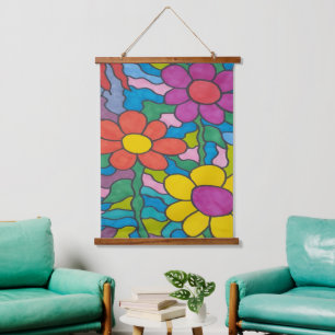 Retro Hippie Blume Art Wandteppich Mit Holzrahmen