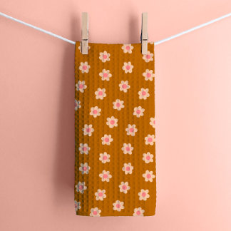 Retro Hippie Blume auf Camel Brown Geschirrtuch
