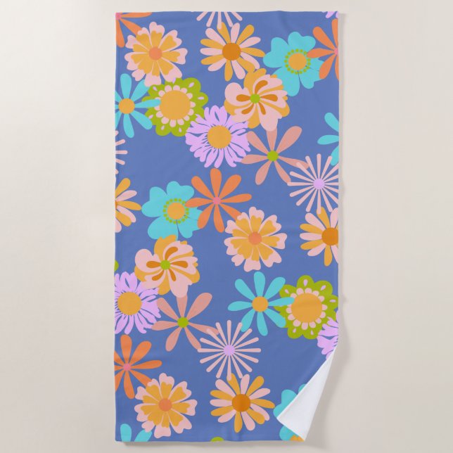 Retro Hippie Blume Muster in Blau Strandtuch (Vorderseite)