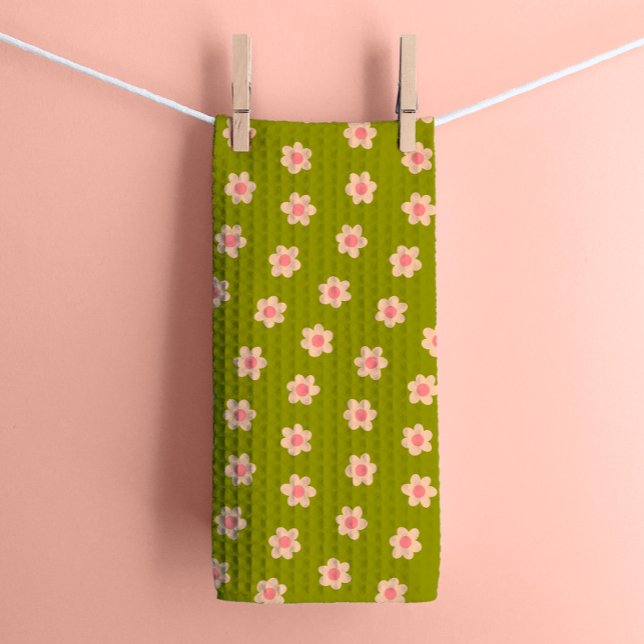 Retro Hippie-Blume über Olive Green Geschirrtuch (Von Creator hochgeladen)