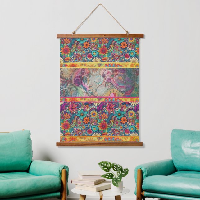 Retro Hippie: Blumenfantasie Wandteppich Mit Holzrahmen (Wohnzimmer)