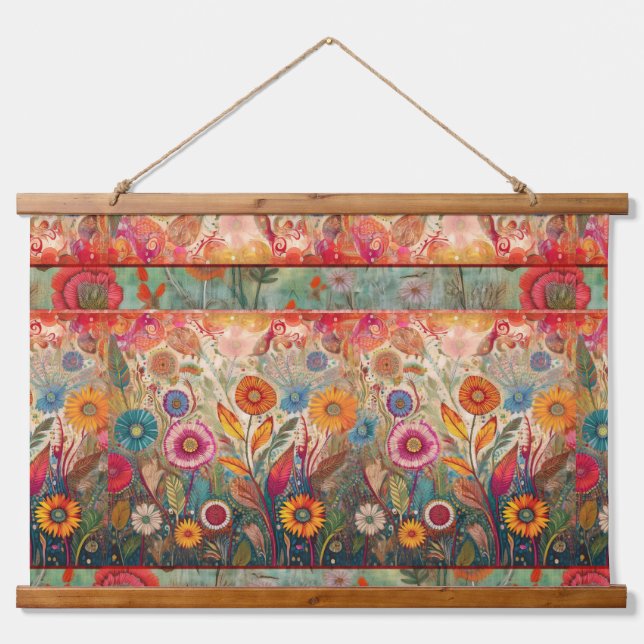 Retro Hippie: Blumenmuster, Wandhaken Wandteppich Mit Holzrahmen (Vorne)