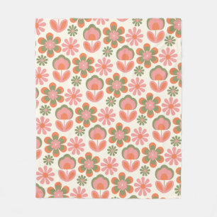 Retro Hippie Boho 70er Blume Muster Pink Grün  Fleecedecke