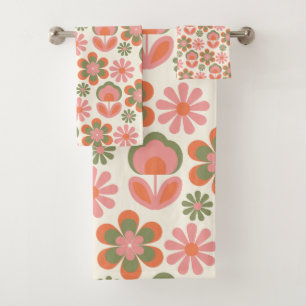 Retro Hippie Boho 70er Blume Muster Rosa Grün Badhandtuch Set