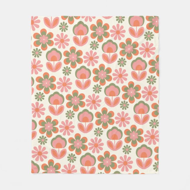 Retro Hippie Boho 70er Blume Muster Rosa Grün  Fleecedecke (Vorderseite)