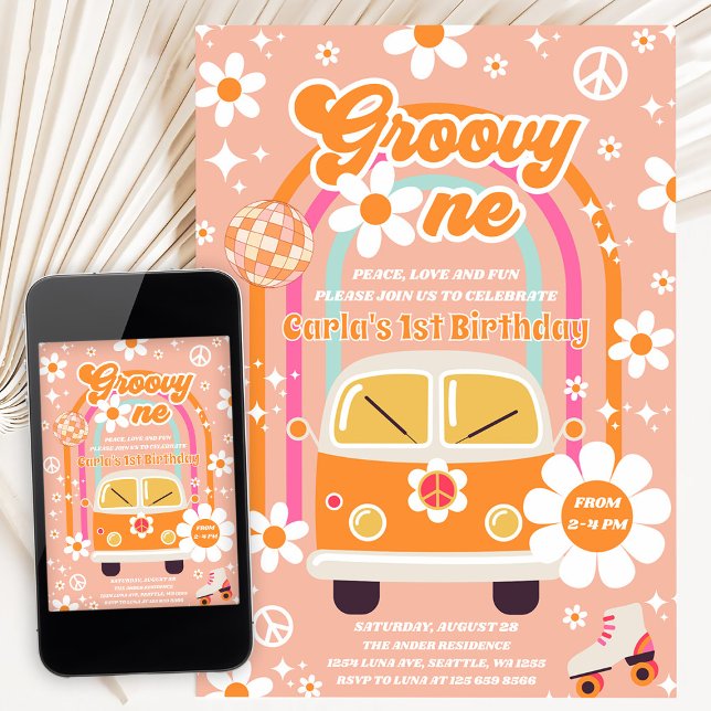 Retro Hippie Daisy Rainbow Groovy One 1st Birthday Einladung (Von Creator hochgeladen)