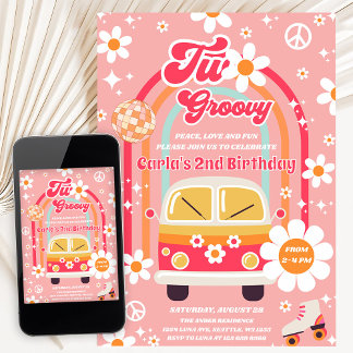 Retro Hippie Daisy Rainbow Two Groovy 2nd Birthday Einladung