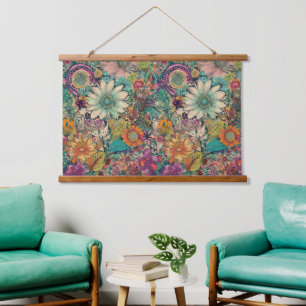 Retro Hippie: Daisy Wall hängen Wandteppich Mit Holzrahmen