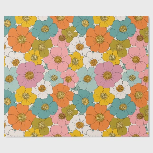 Retro Hippie Floral Geburtstag Geschenkpapier (Flach)