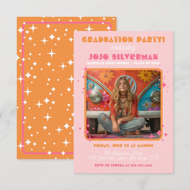 Retro Hippie Foto Graduation Party Rosa Orange Einladung (Vorne/Hinten)