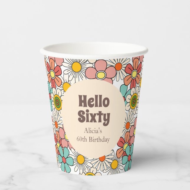 Retro Hippie Groovy Blume Hallo Sixty Paper Plate Pappbecher (Vorderseite)