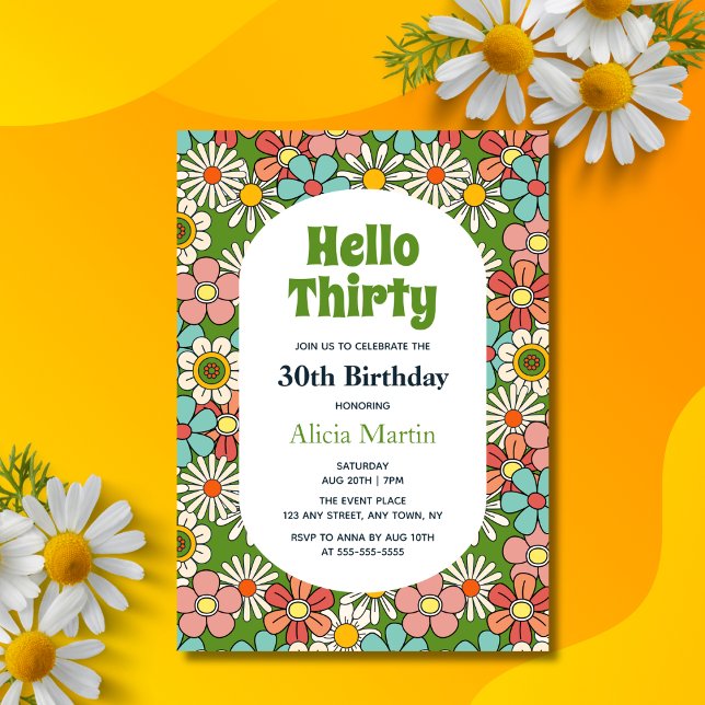 Retro Hippie Groovy Blume Hello Thirty Birthday Einladung (Von Creator hochgeladen)