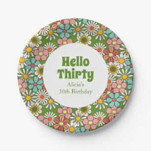 Retro Hippie Groovy Blume Hello Thirty Birthday Pappteller